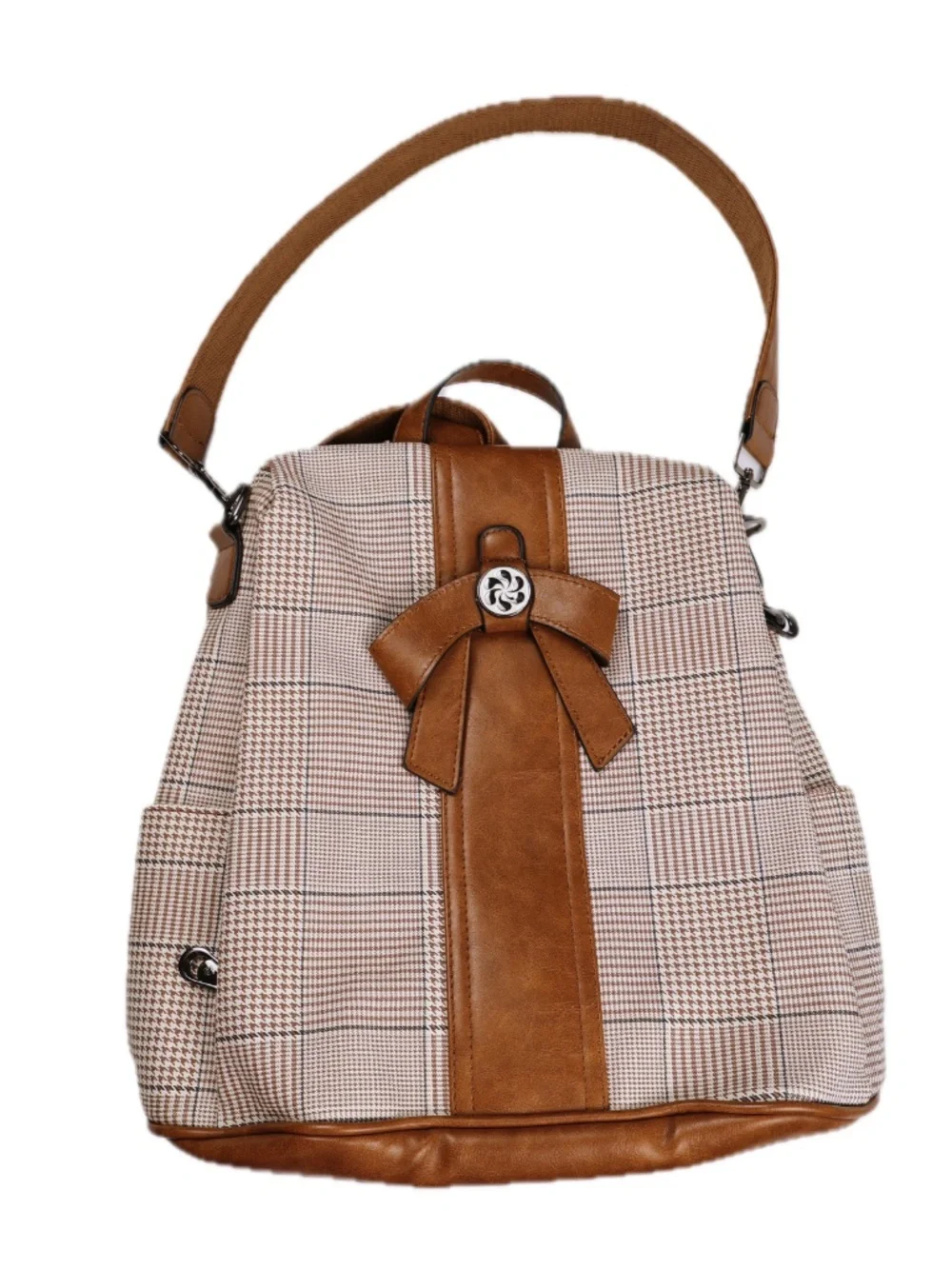 Zocai Plaid Convertible Backpack Shoulder Bag Tan Cream Bow Detachable Pouch